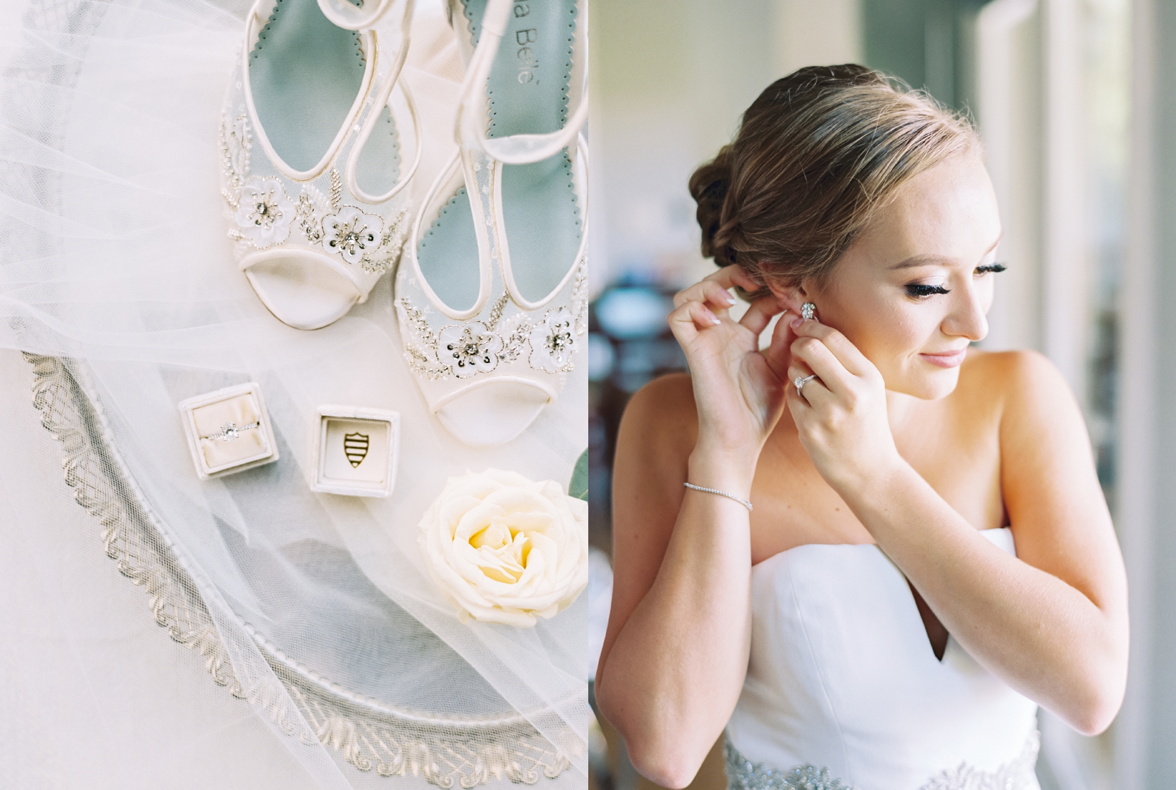 Bride putting on earrings, Bella Belle Shoes, Wedding Ring
