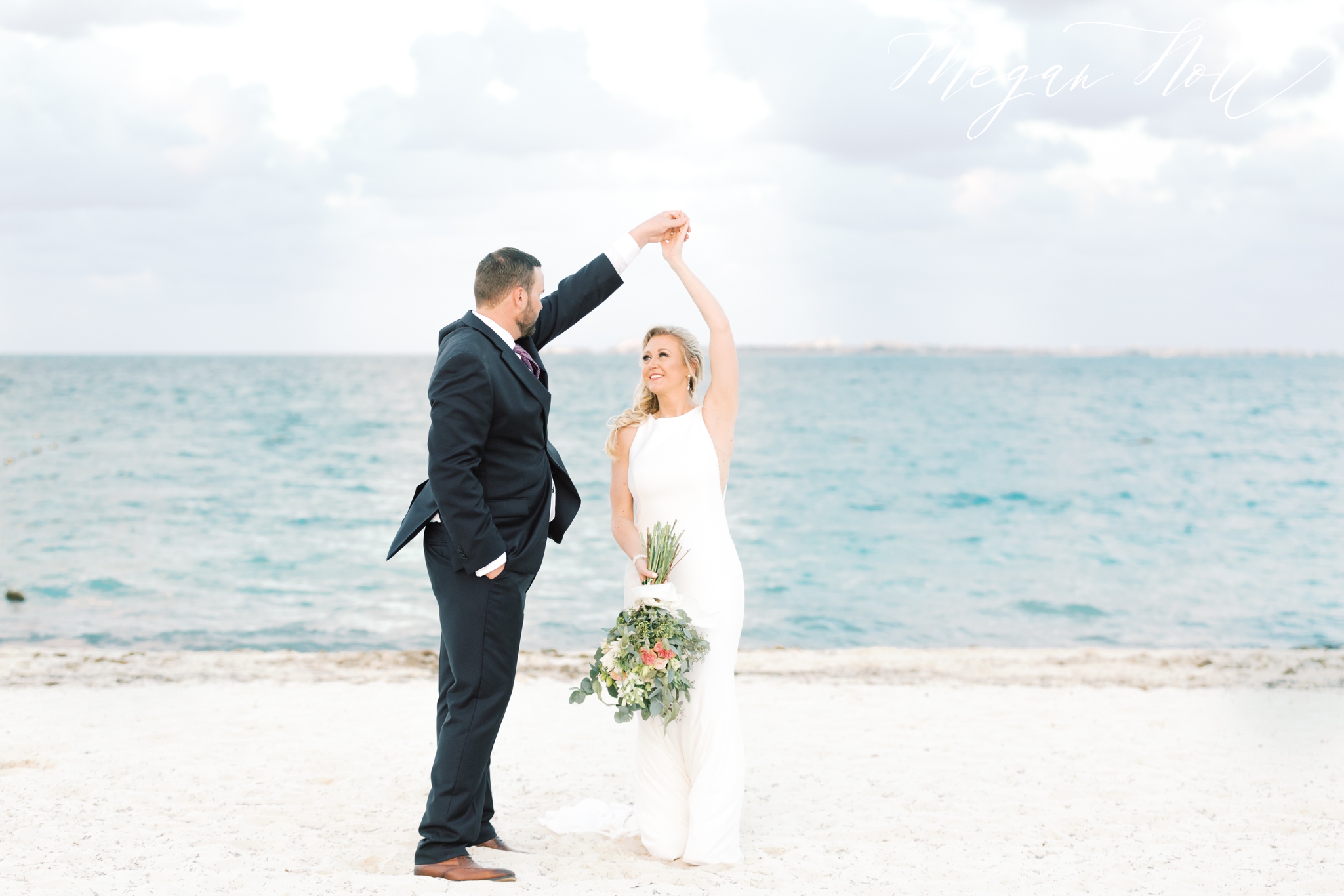 Portraits at the beach of Bride and Groom at sunset in Cancun Wedding