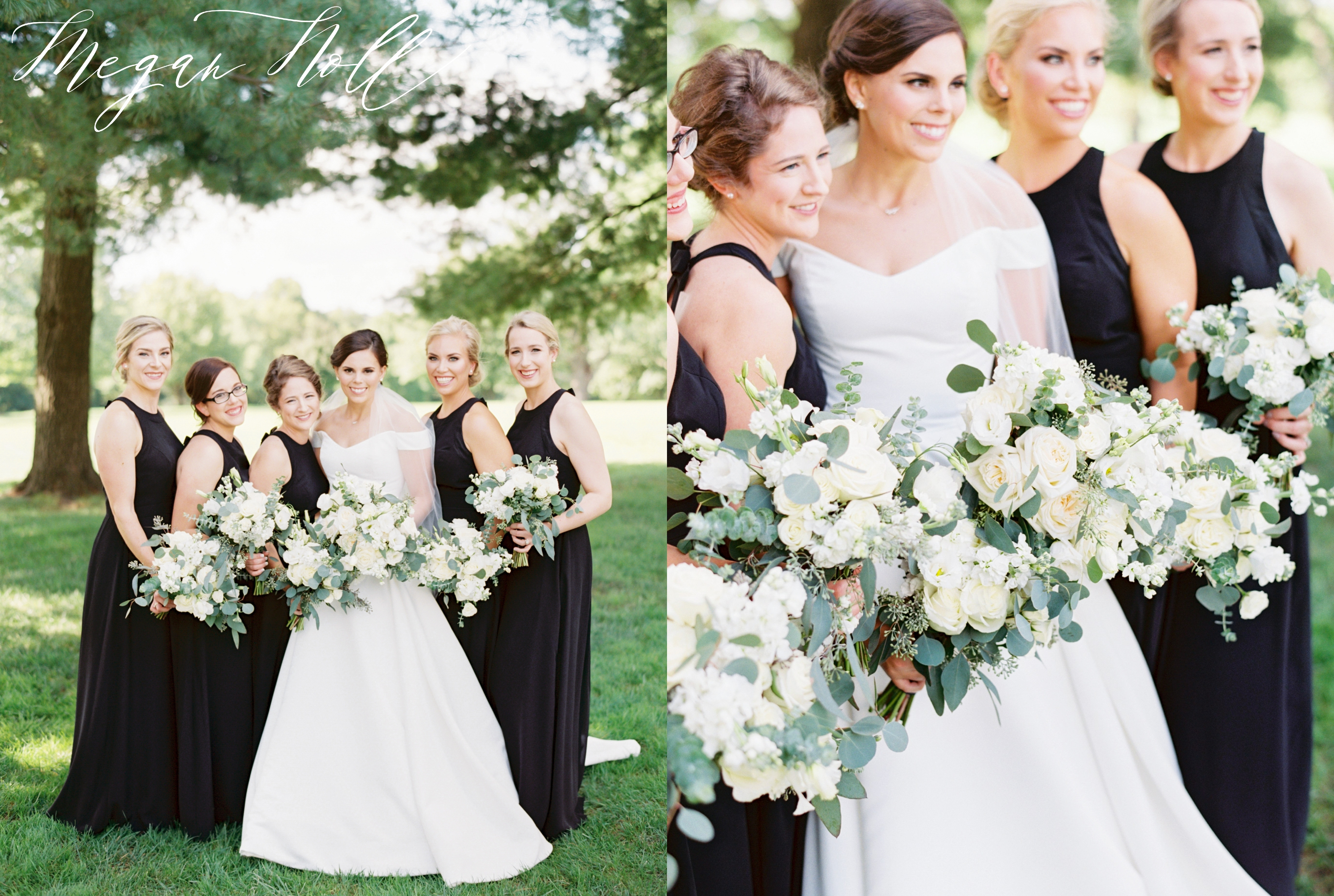 Bridesmaids wearing all black with white flowers from Jackson Florist in Cincinnati