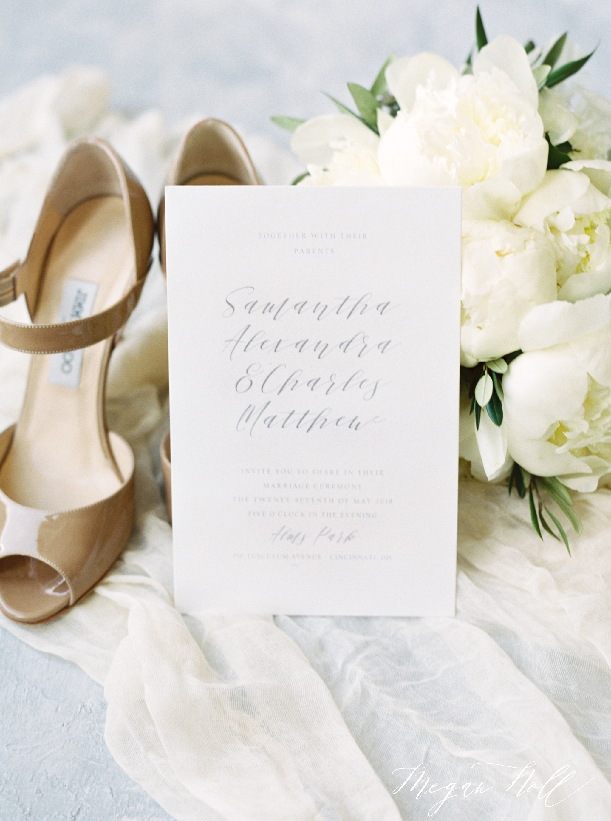 Wedding invites for a Cincinnati Elopement at Alms Park Wedding and Jimmy Chou shoes