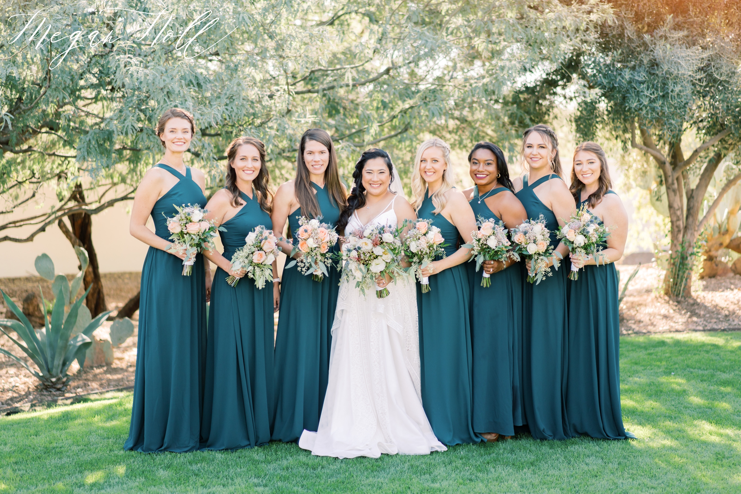 Bridesmaids in emerald green dresses at El Chorro Wedding in Phoenix, Arizona