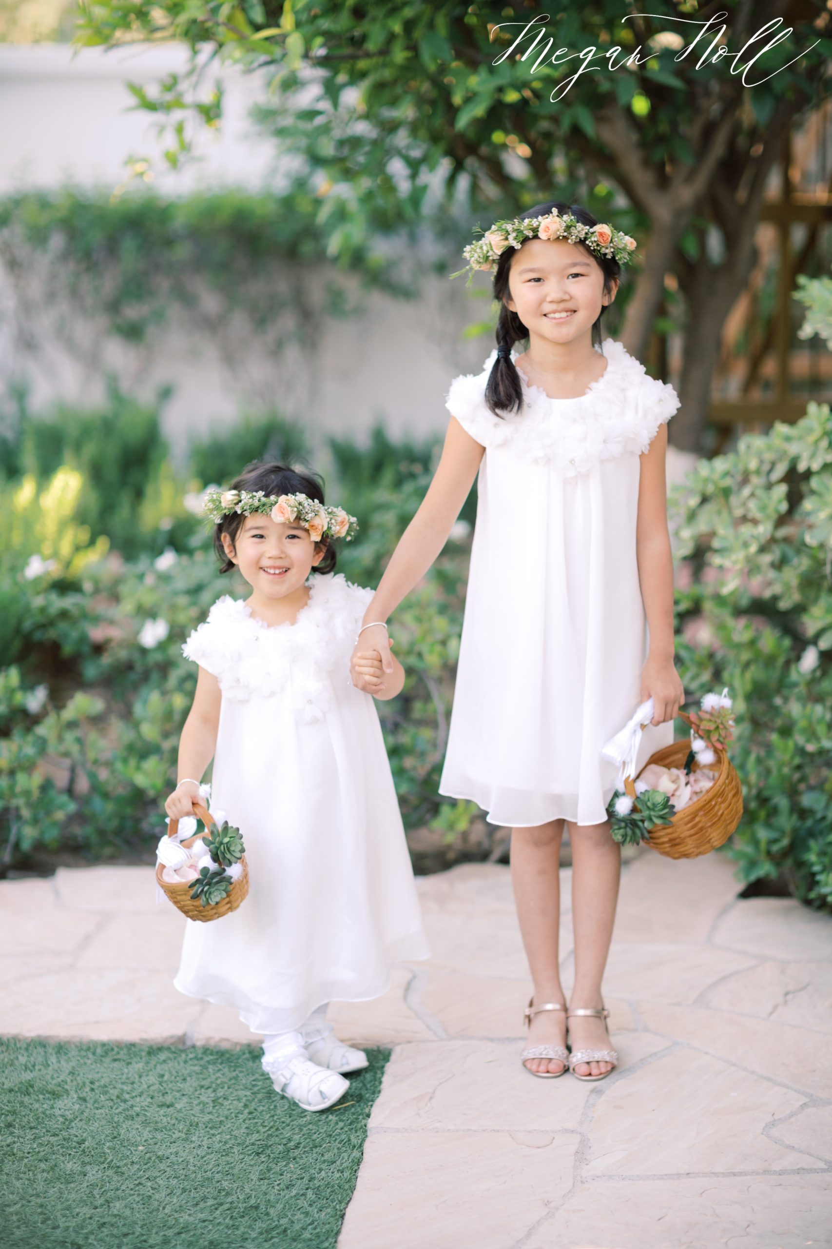 Two flower girls with flower crowns for El Chorro Wedding in Phoenix, Arizona Destionation Wedding