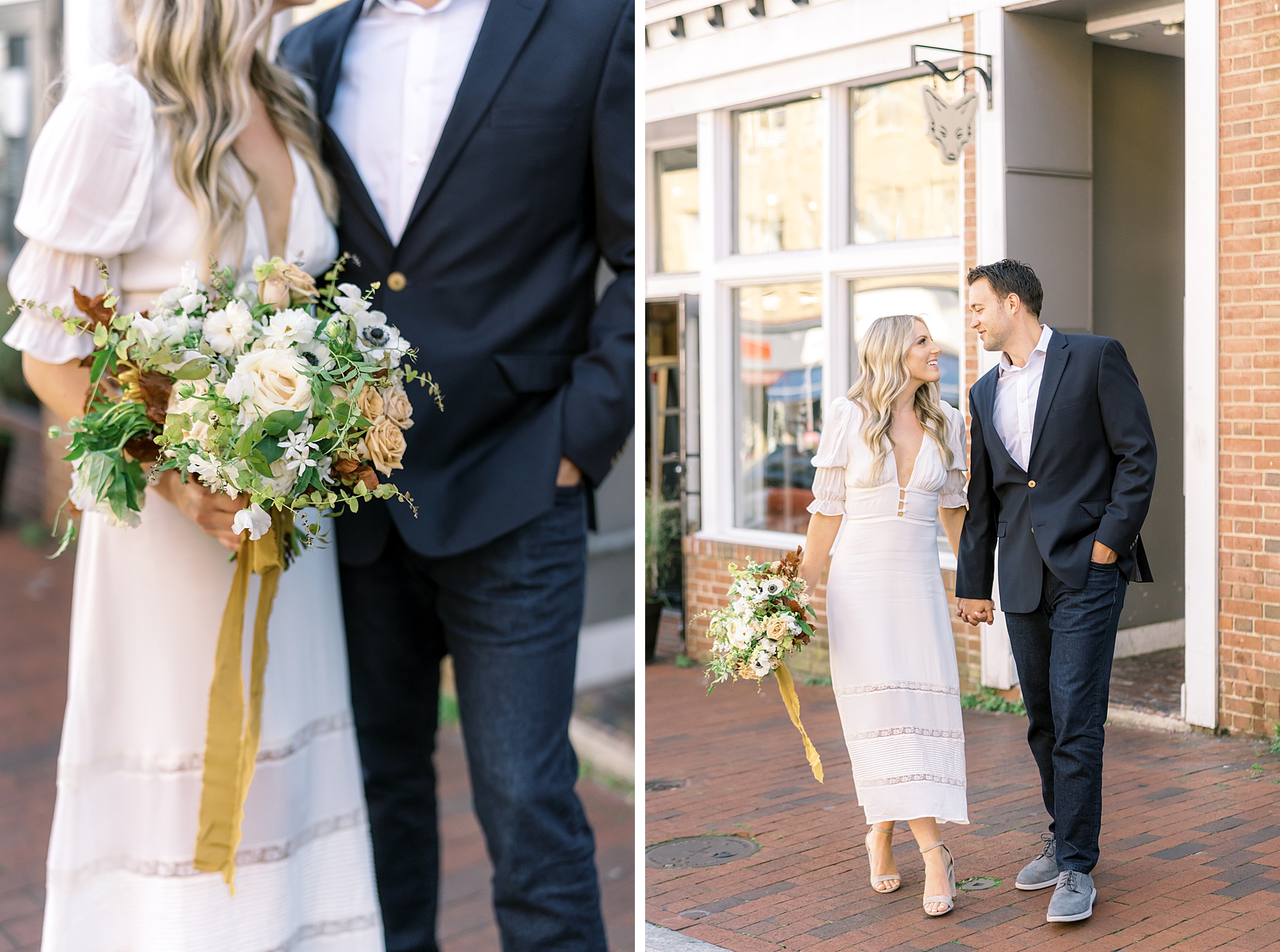 Woman in white dress holds bouquet from Floral and Bloom during engagement photo session