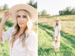 Woman poses in wide brim hat and holds a bouquet
