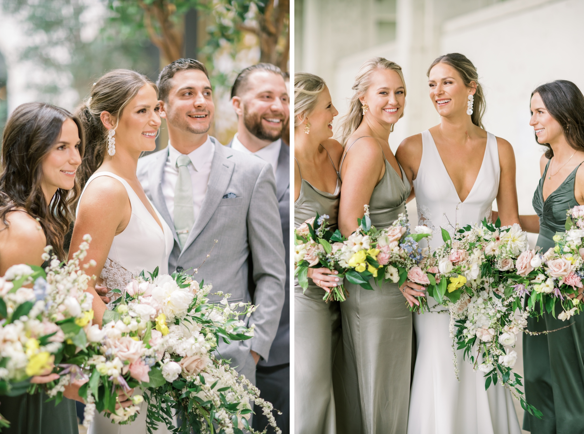 photos of a wedding party at a garden-inspired wedding