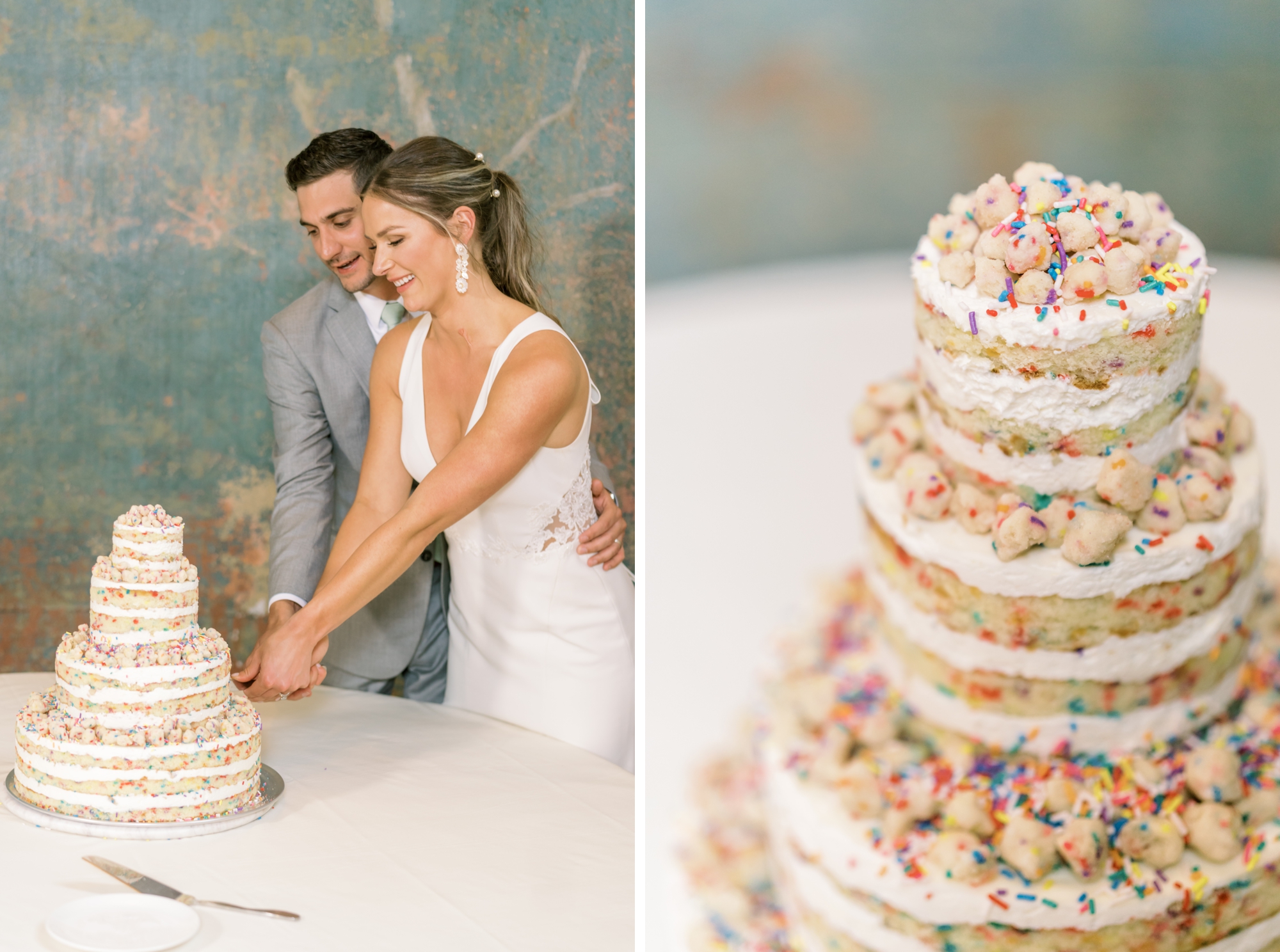 Photo of a couple cutting their wedding cake and a close up of the three-tier wedding cake