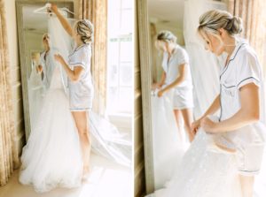 bride getting into Beccar wedding dress