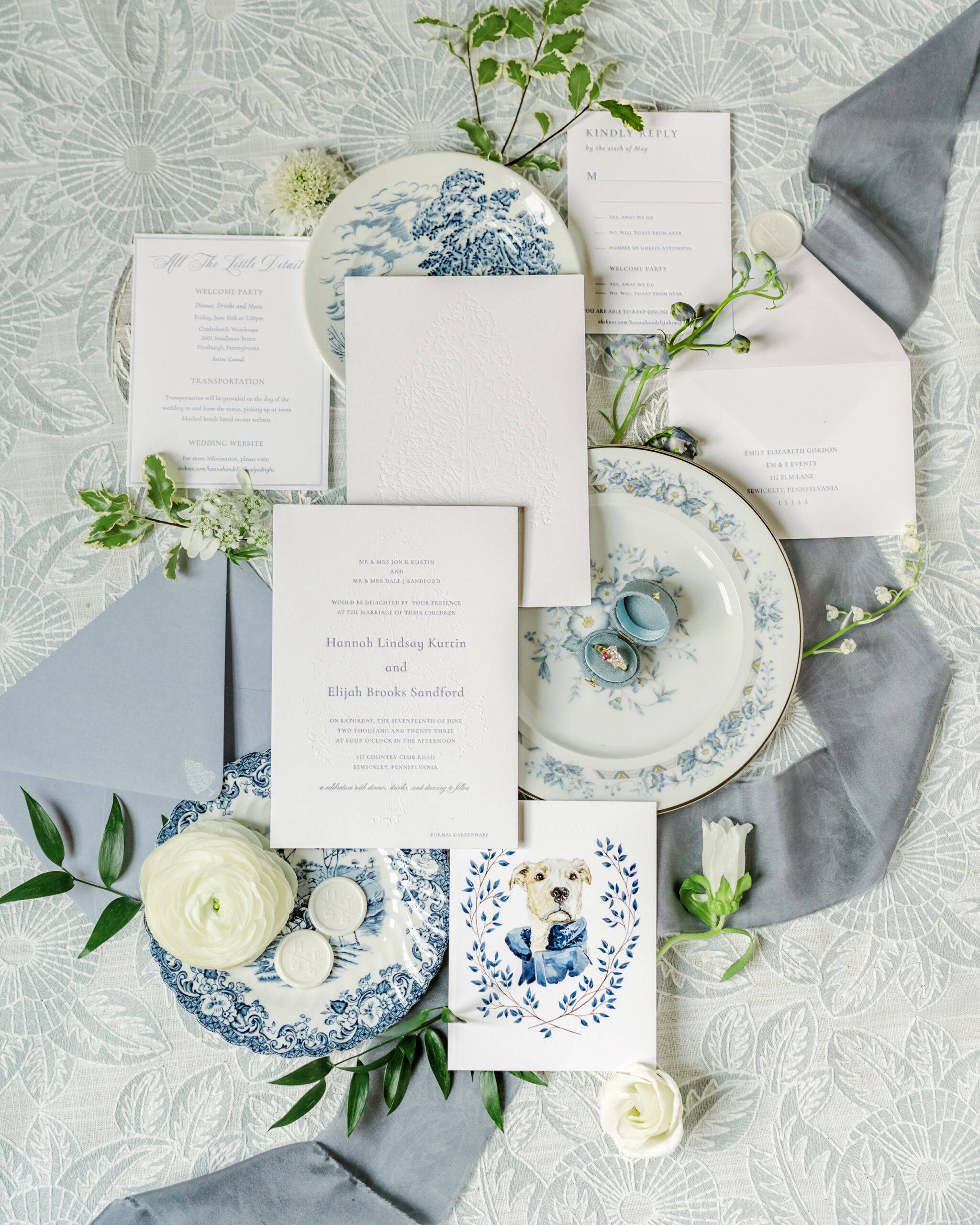 Blue and white wedding invitations for the Pittsburgh wedding