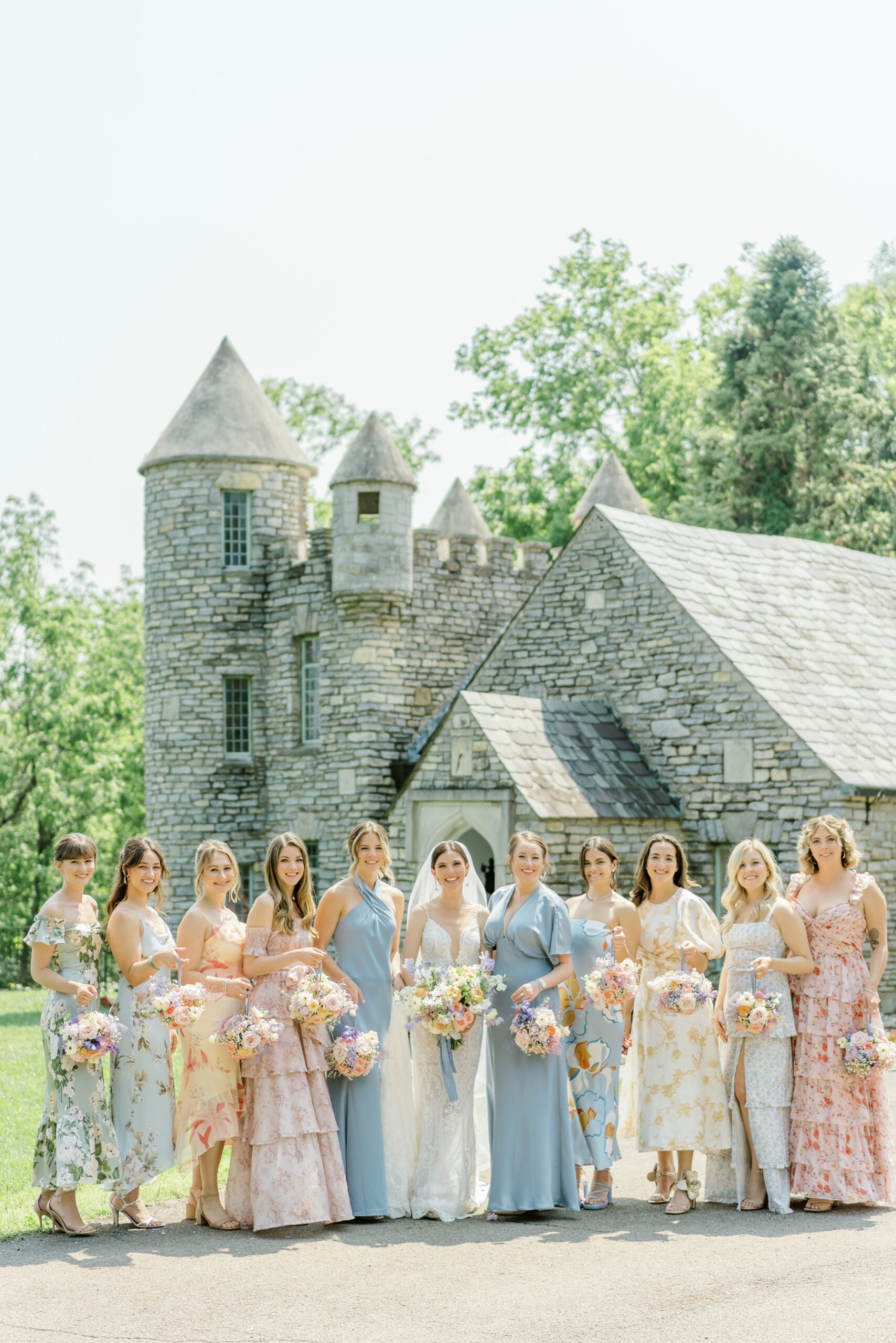 Bride with bridesmaids at Yew Dell Botanical Gardens wedding