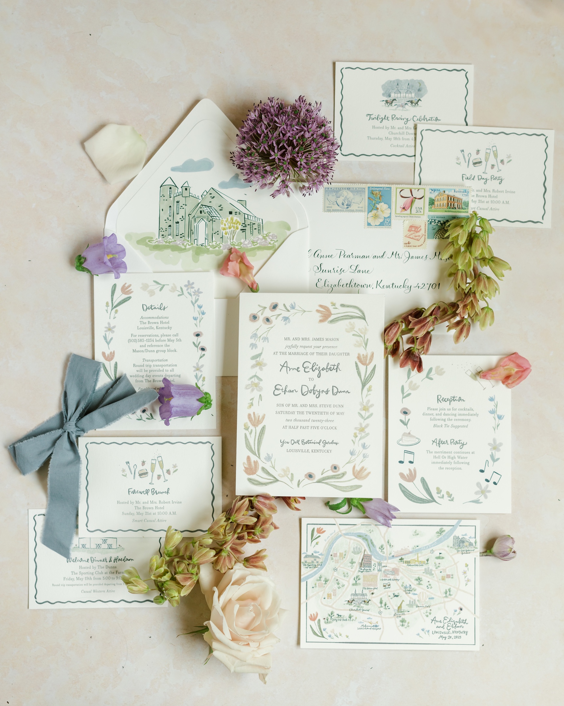 colorful Yew Dell Gardens wedding invitations