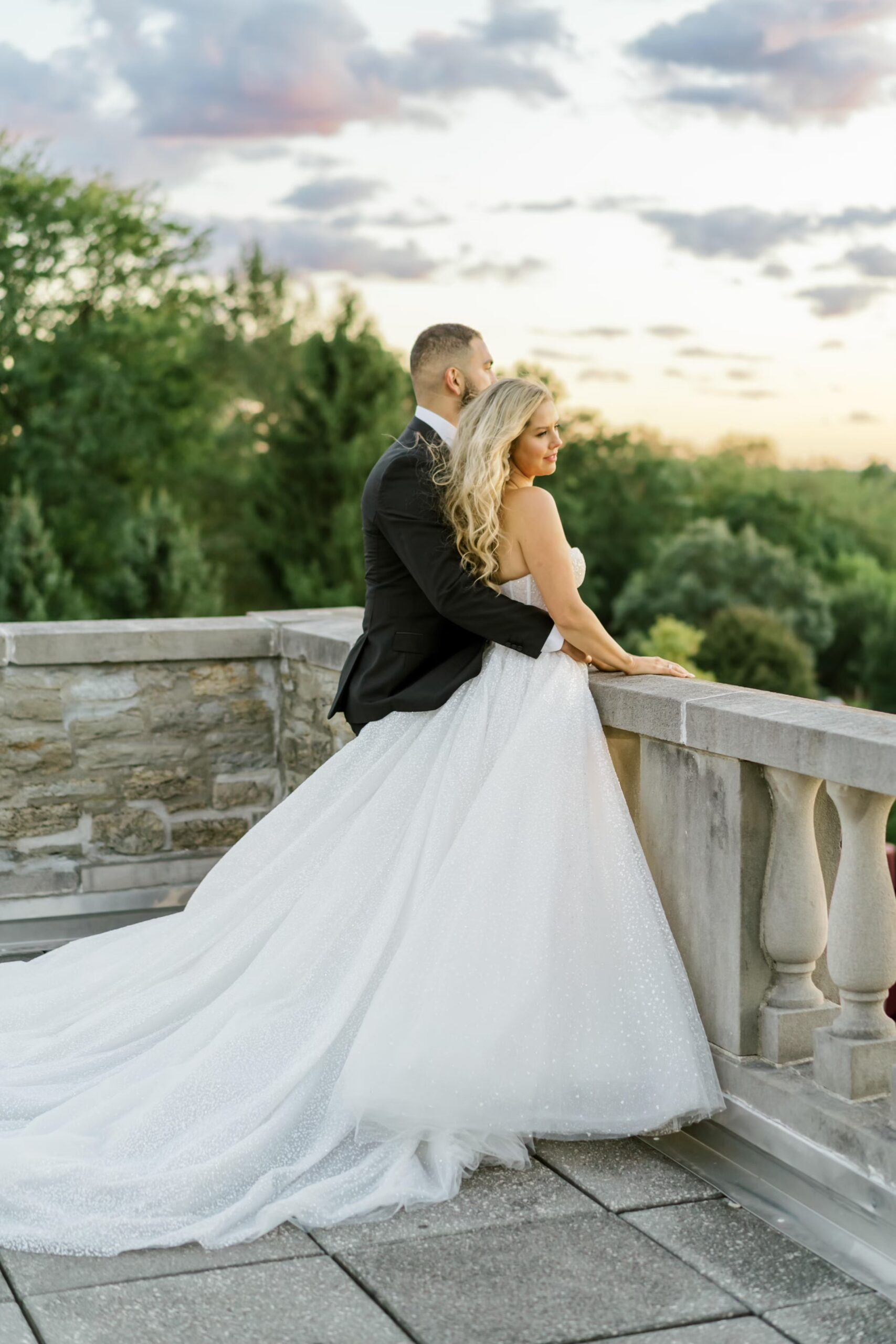 bride and groom at sunset in Ault Park